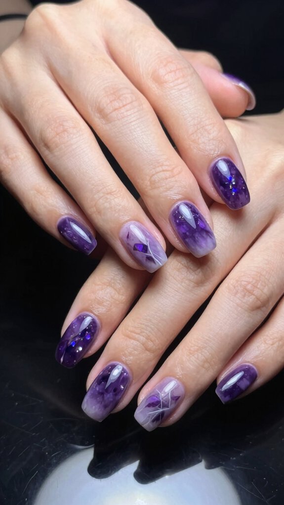 14 Amethyst Nail Design Ideas With Luxe Purple Vibes 1 swirled purple and white
