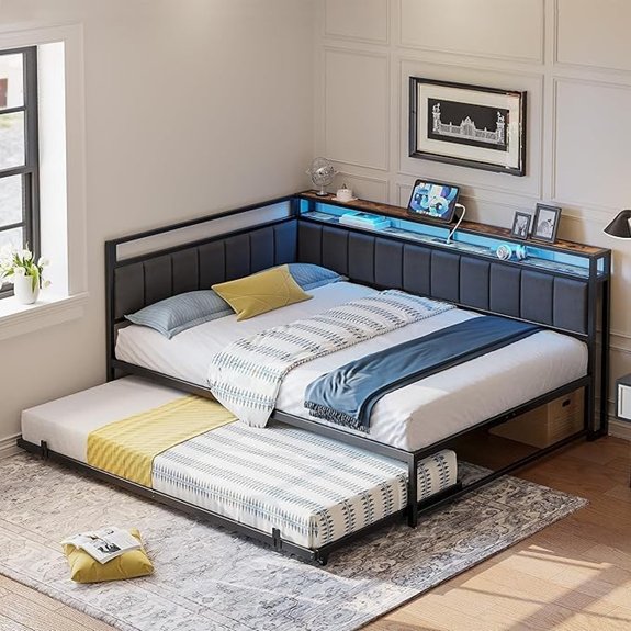 7 Best Double Twin Bed Options That Maximize Space and Comfort 4 LIKIMIO Twin Bed Frame with Trundle LED & Charging