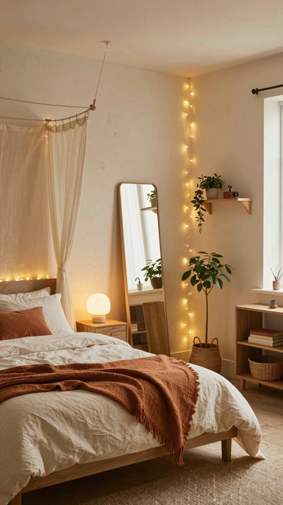 21 Cozy Bedroom Ideas for Small Rooms That Feel Warm and Spacious 12 warm copper wire fairy lights