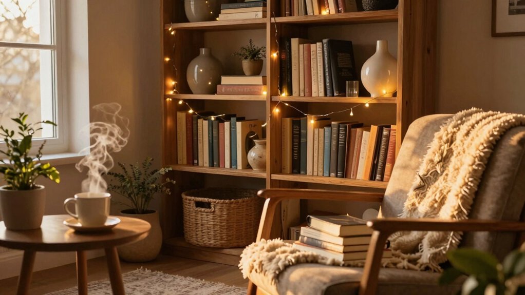 warm cozy bookshelf styling ideas