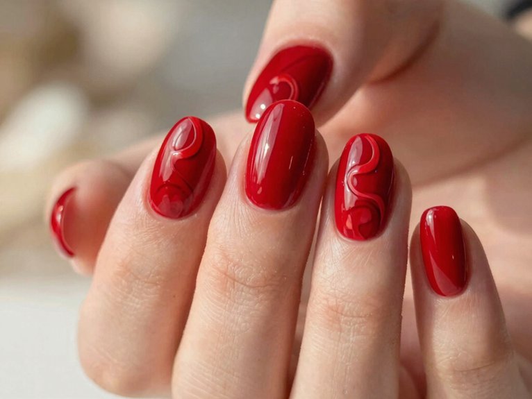 Spring Nails in Red That Look Bold Yet Seasonal 11 80s red swirl spring manicure