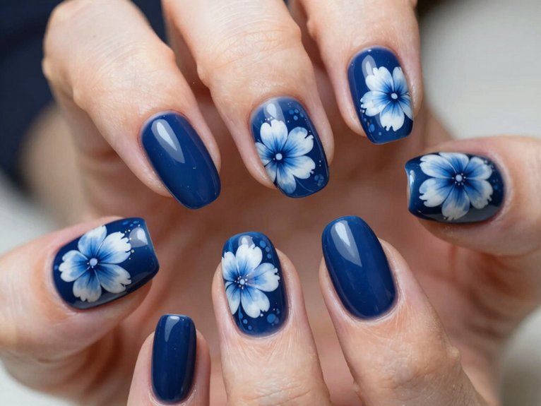 Blue and White Floral Nails That Feel Fresh and Elegant 6 after dark dark blue floral