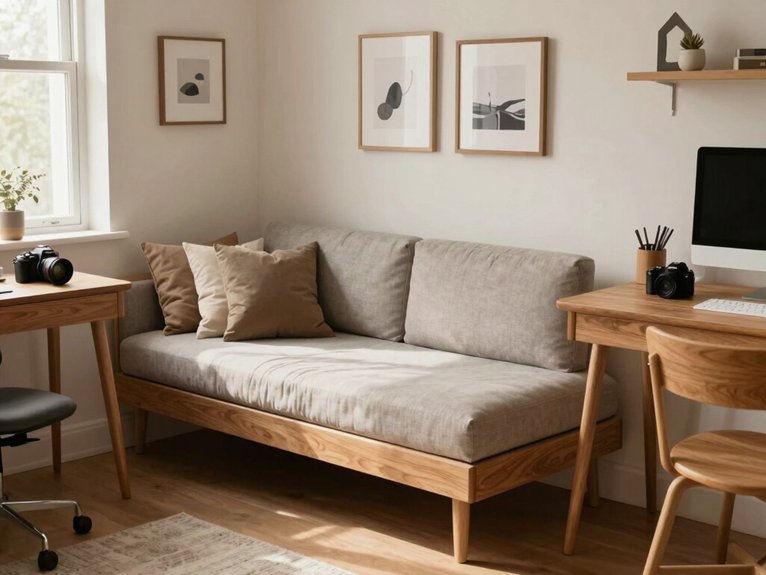 balanced art above sofa