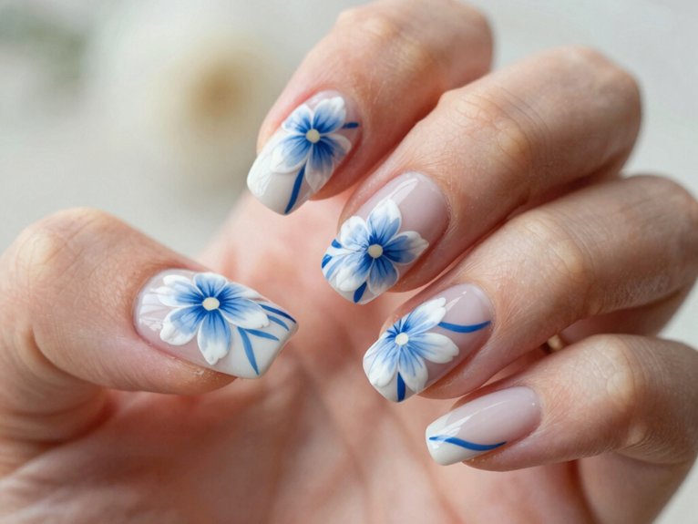 Blue and White Floral Nails That Feel Fresh and Elegant 1 blue and white floral nails