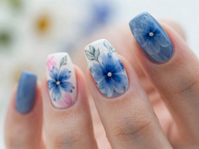 Blue and White Floral Nails That Feel Fresh and Elegant 16 blue floral nails with pink accents