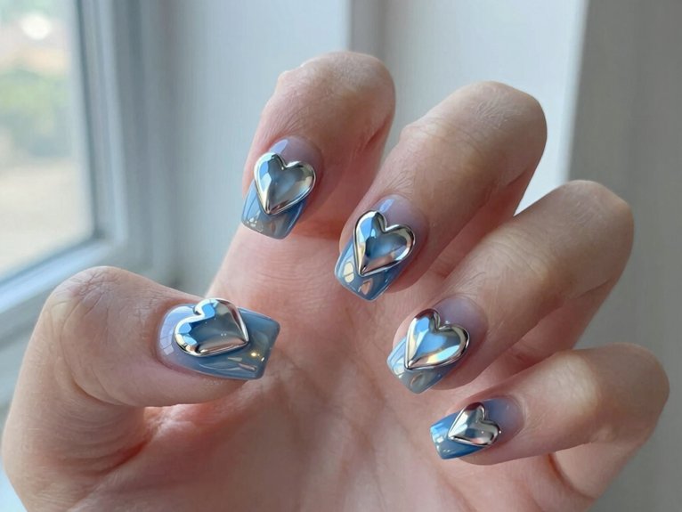 Heart Nail Designs That Look Cute and Trendy 16 blue silver chrome heart nails