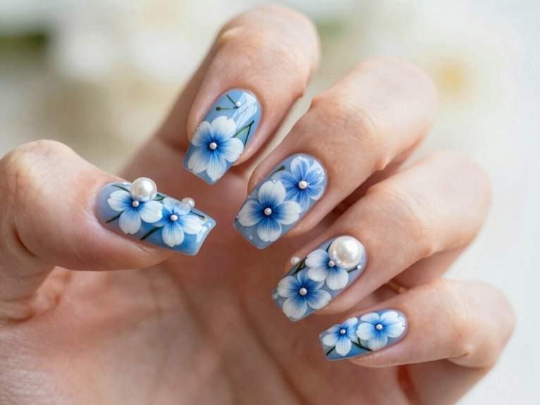 Blue and White Floral Nails That Feel Fresh and Elegant 13 blue white floral pearl nails