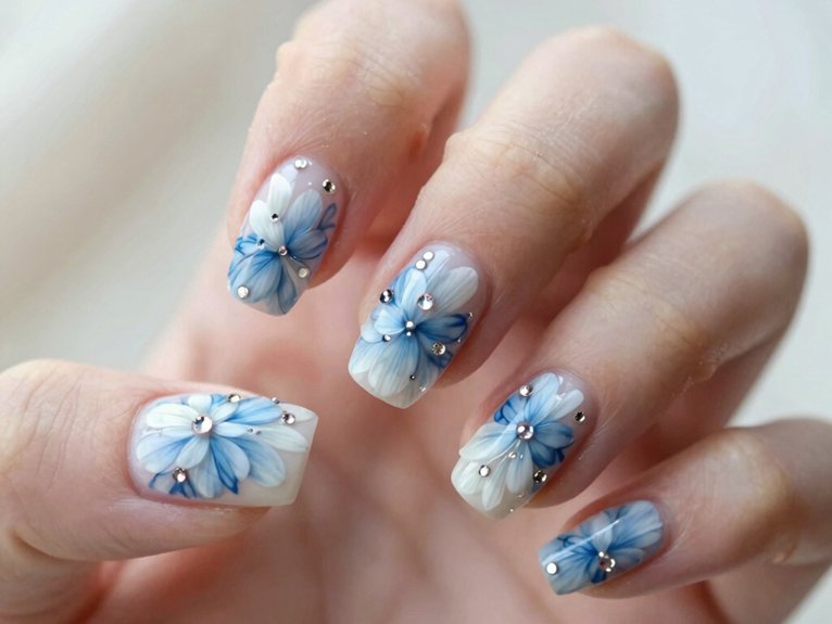 Blue and White Floral Nails That Feel Fresh and Elegant 14 blue white floral rhinestones
