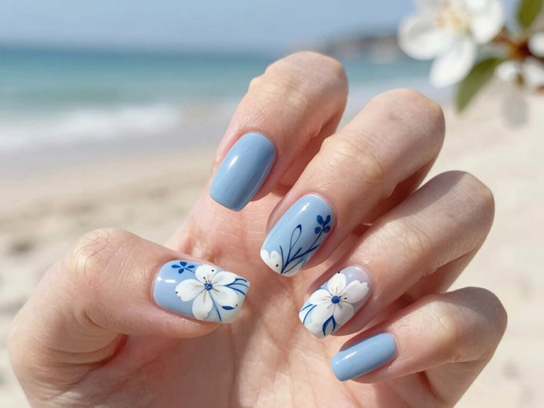 Blue and White Floral Nails That Feel Fresh and Elegant 19 blue white floral vacation nails