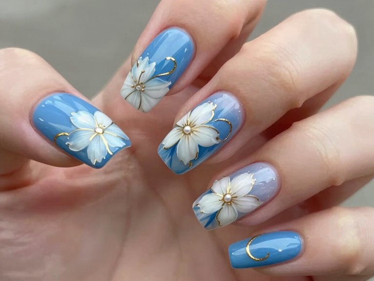 Blue and White Floral Nails That Feel Fresh and Elegant 15 blue white florals with gold