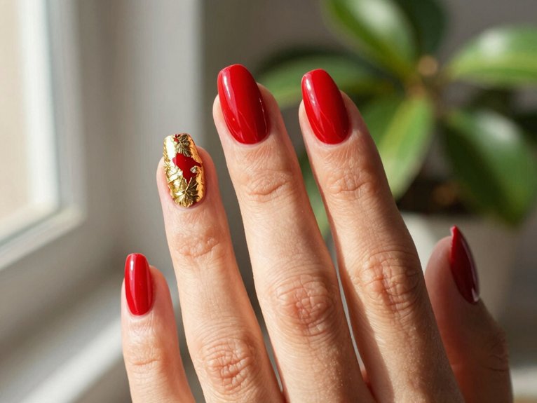 Fresh Ways to Style Red Nails for Spring 21 brick red nails gold foil