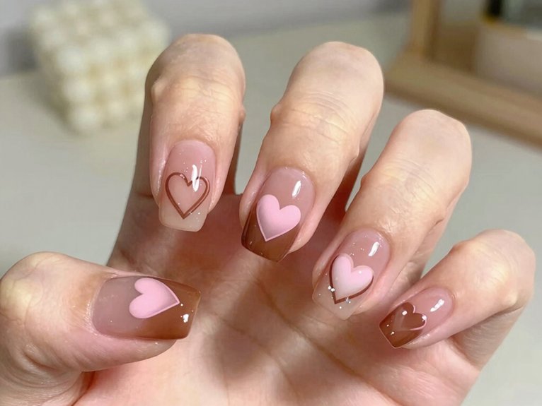 Heart Nail Designs That Look Cute and Trendy 10 brown and pink heart nail mix