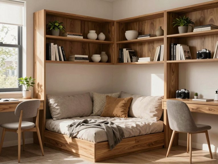 built in shelving around sofa bed