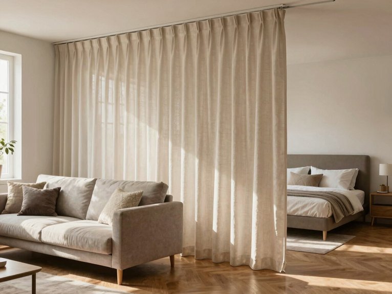 ceiling mounted curtain behind sofa