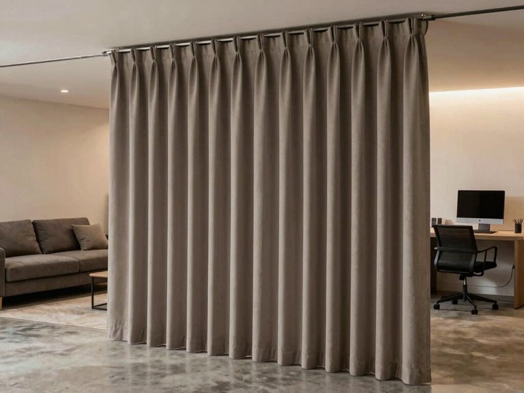 Basement Room Divider Ideas 8 ceiling mounted floor length acoustic curtains