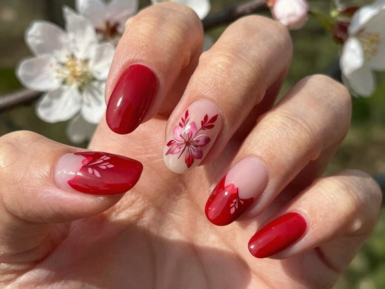 Fresh Ways to Style Red Nails for Spring 10 cherry daisy floral red nails