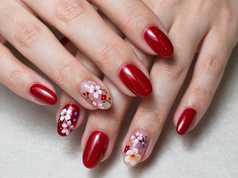 Fresh Ways to Style Red Nails for Spring 20 chrome red floral accent nails