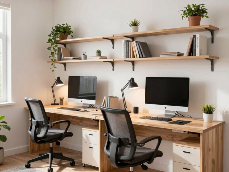 13 Small Home Office Ideas for Two That Maximize Space and Productivity 1 continuous shared wall desk