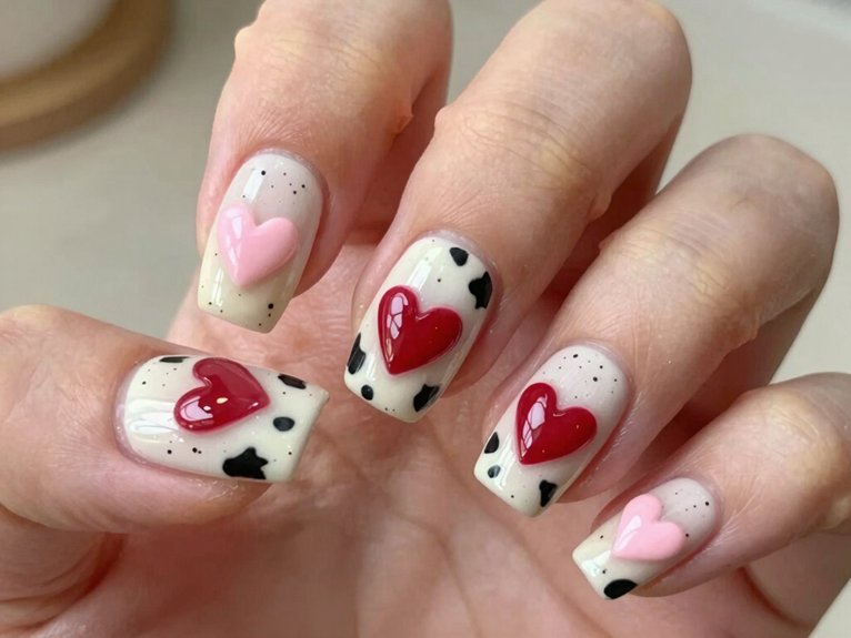 Heart Nail Designs That Look Cute and Trendy 20 cow print valentine heart nails