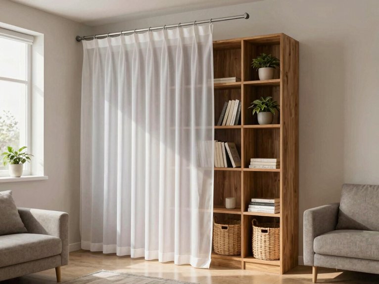 curtains framing freestanding bookcase