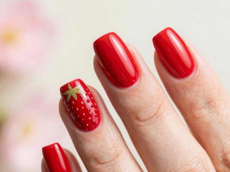 Spring Nails in Red That Look Bold Yet Seasonal 15 cute strawberry tip nails