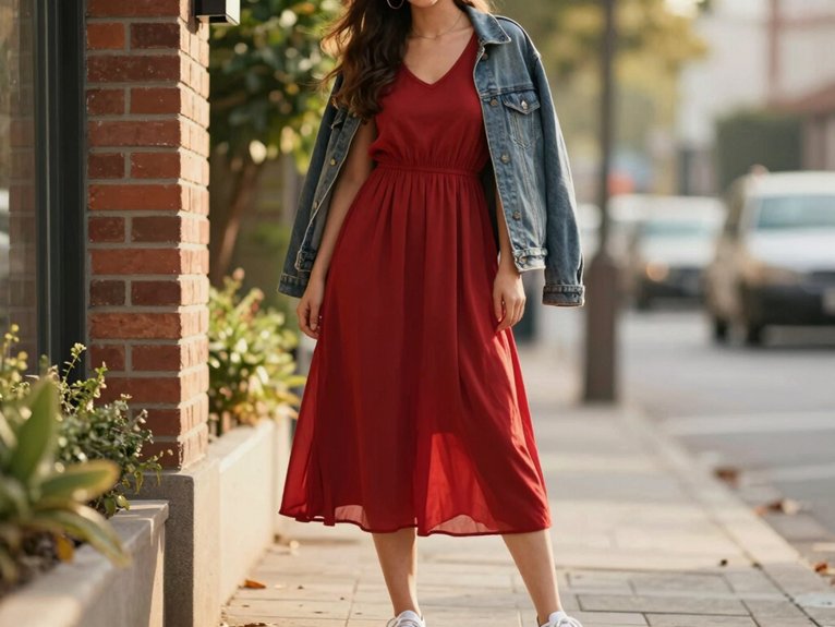 Red Dress Outfit Ideas That Always Stand Out 3 denim jacket everyday glam