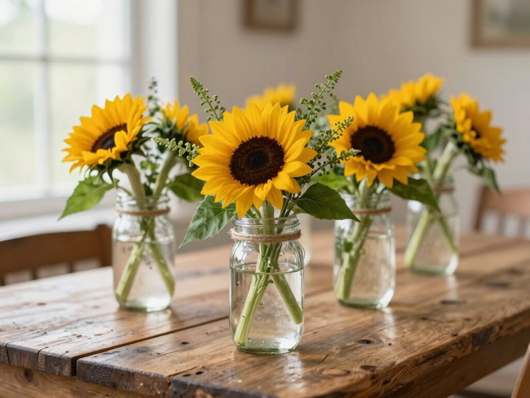 Mason Jar Centerpieces That Look Rustic and Elegant 7 farmhouse mason jar sunflowers warmth