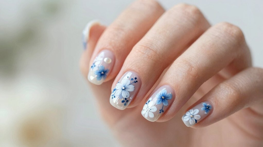 fresh blue white floral nails