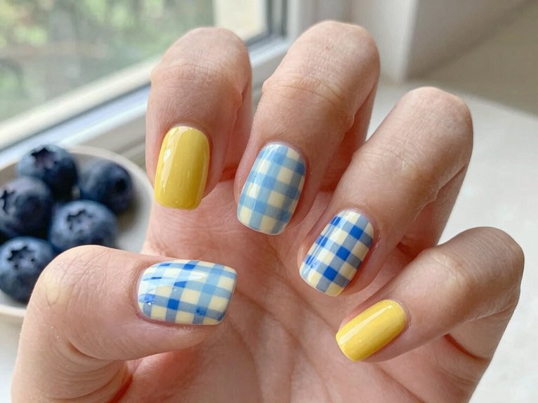 Yellow Blueberry Nails That Feel Playful and Unique 13 gingham accent yellow blueberries