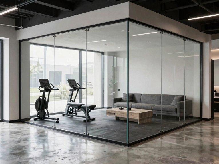 Basement Room Divider Ideas 24 glass partitioned bright basement workout