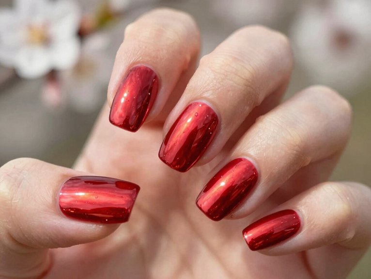 Spring Nails in Red That Look Bold Yet Seasonal 9 glossy chrome aura red nails