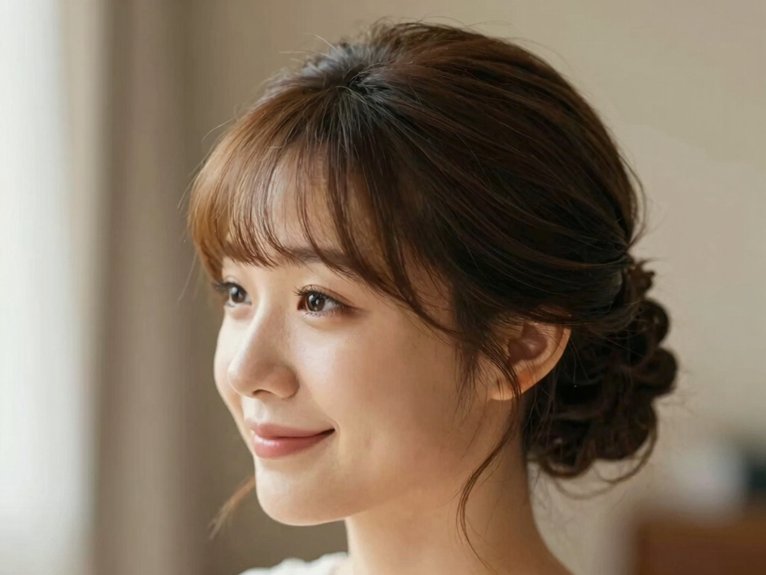 Wedding Guest Hairstyles That Look Elegant and Effortless 17 glossy fringe loose tendrils updo