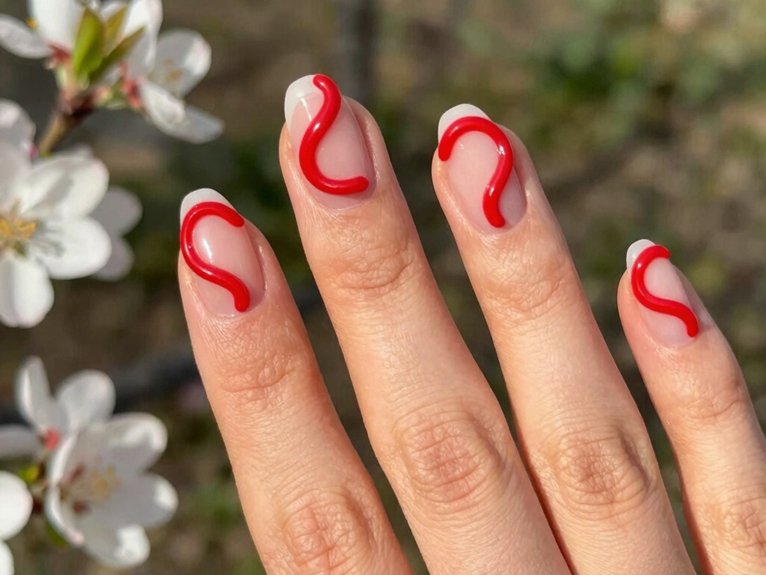 Fresh Ways to Style Red Nails for Spring 18 glossy red swirl nail ribbons