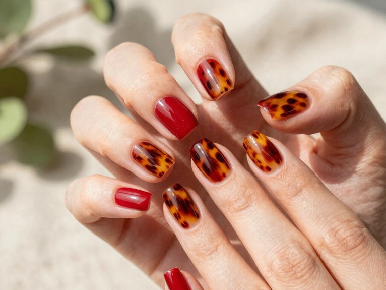 Fresh Ways to Style Red Nails for Spring 13 glossy red tortoiseshell accent nails
