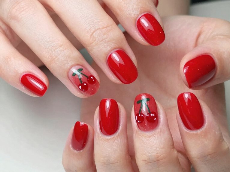 Red Spring Nails That Feel Bright and Seasonal 23 juicy 3d cherry nail decals