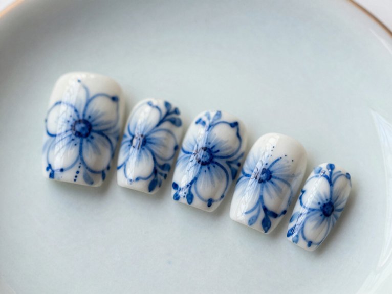 Blue and White Floral Nails That Feel Fresh and Elegant 9 mediterranean blue tile florals
