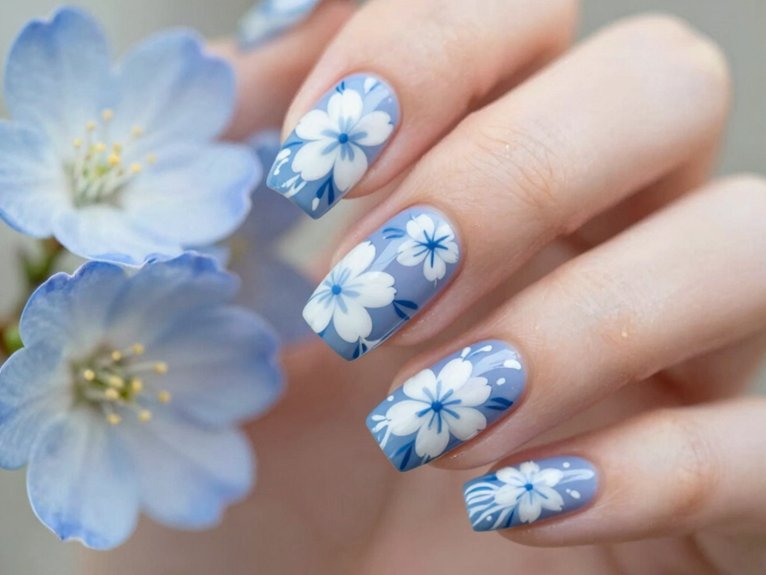 Blue and White Floral Nails That Feel Fresh and Elegant 7 mid blue floral nail charm