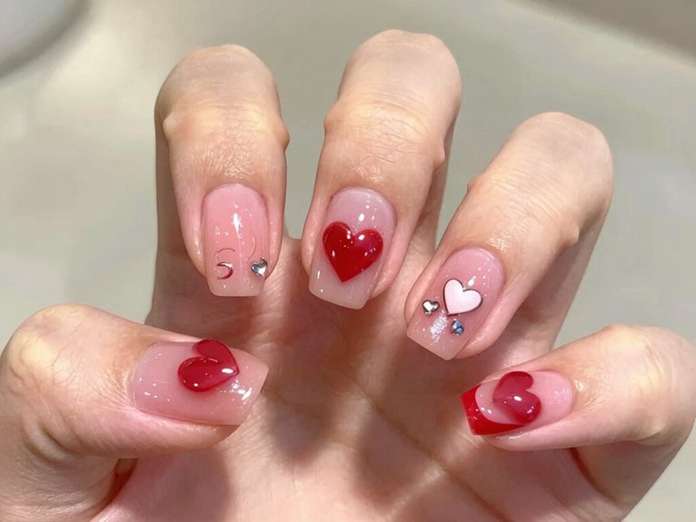 Heart Nail Designs That Look Cute and Trendy 14 milky pink red heart nails