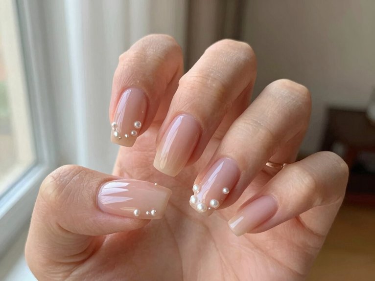 Neutral Spring Nails That Always Look Effortless 7 peach nails with pearl accents