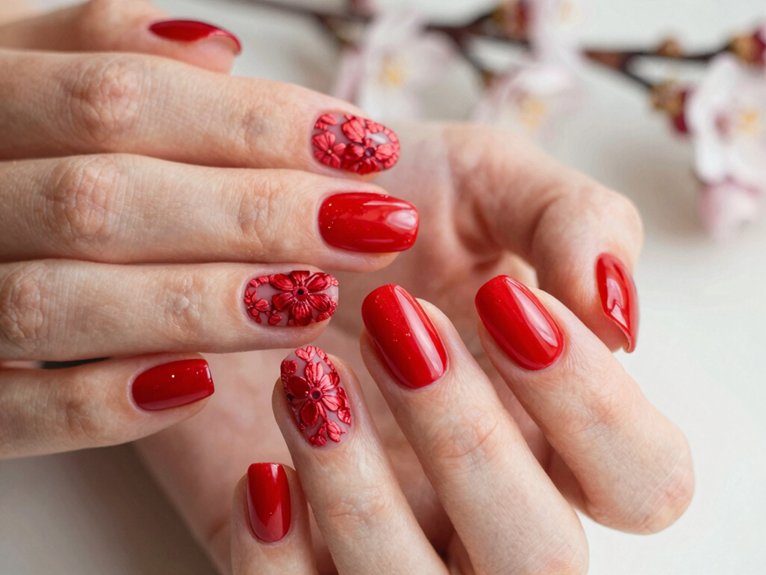 Red Spring Nails That Feel Bright and Seasonal 17 red floral velvet border