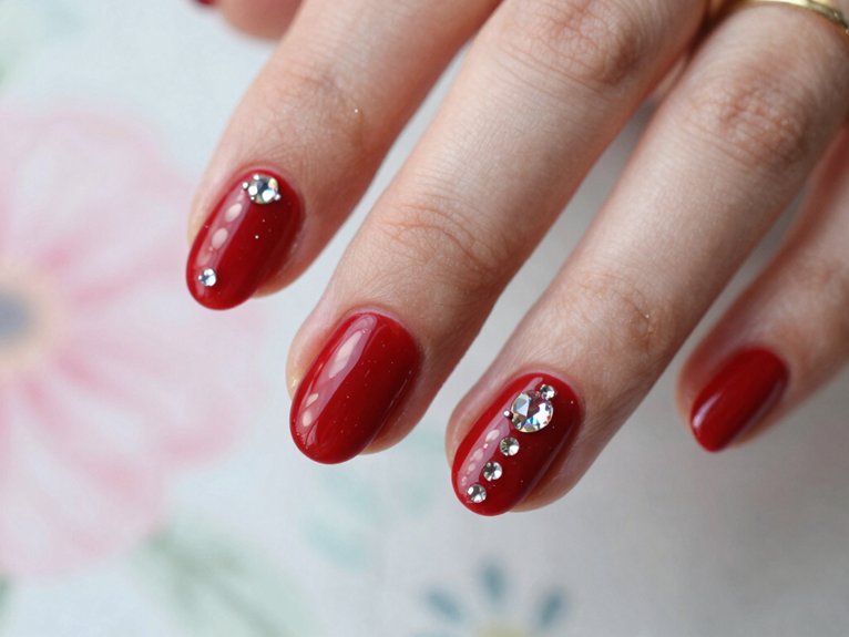 Fresh Ways to Style Red Nails for Spring 22 red nails with cuticle rhinestones