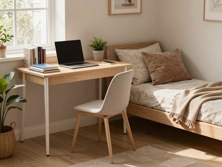 slim desk beside sofa bed