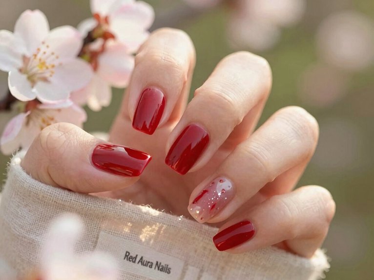 Fresh Ways to Style Red Nails for Spring 6 soft red aura nail glow