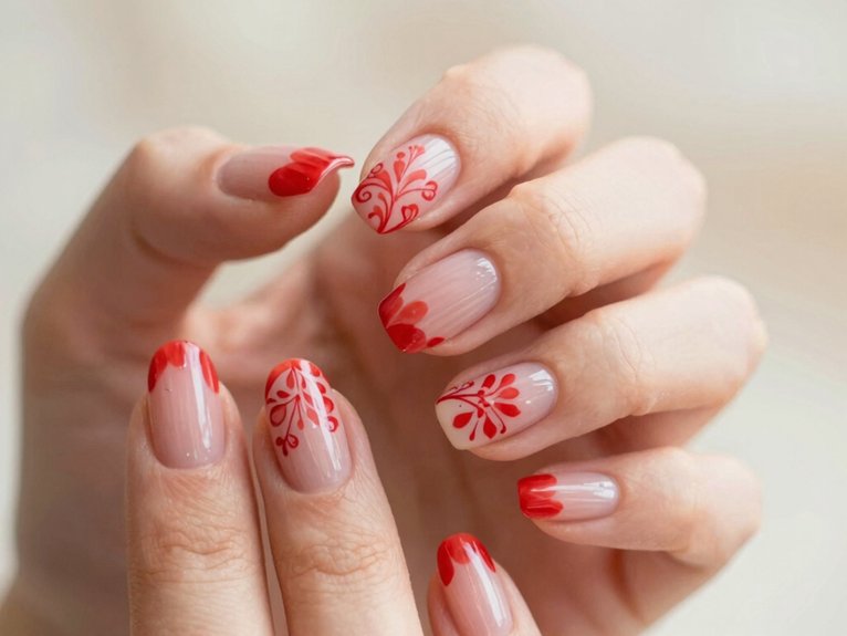 Red Spring Nails That Feel Bright and Seasonal 9 soft red floral on nude