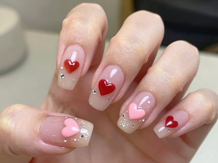 Heart Nail Designs That Look Cute and Trendy 12 sparkly rhinestone heart accents