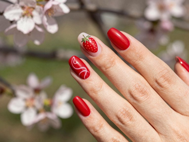 Fresh Ways to Style Red Nails for Spring 12 strawberry cherry accent nails