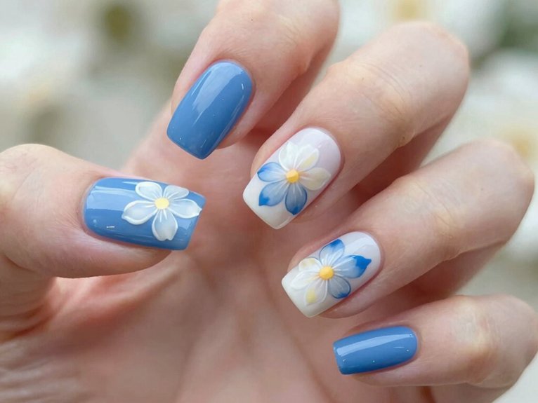 Blue and White Floral Nails That Feel Fresh and Elegant 17 sunny yellow blue nail art