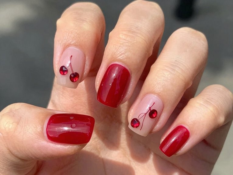 Red Spring Nails That Feel Fresh Not Heavy 4 tiny cherries on red nails