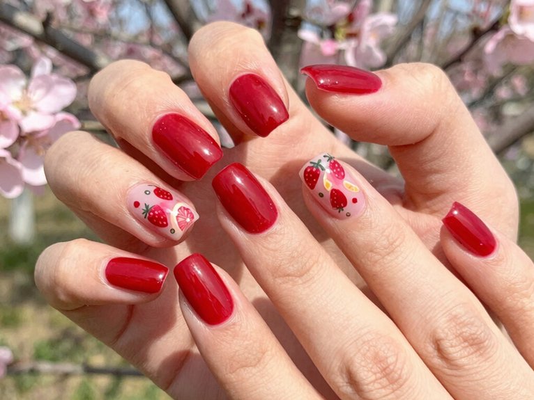 Fresh Ways to Style Red Nails for Spring 11 tiny cherry french manicure