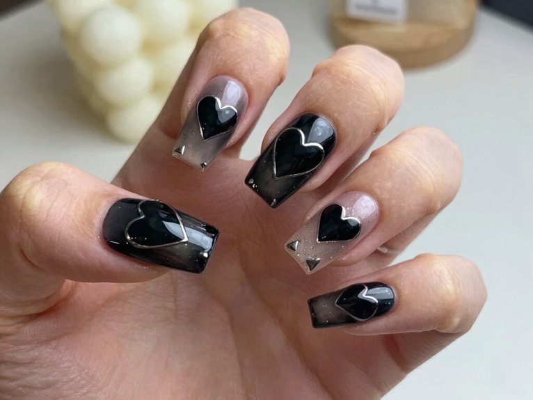 Heart Nail Designs That Look Cute and Trendy 4 tiny hearts on matte black